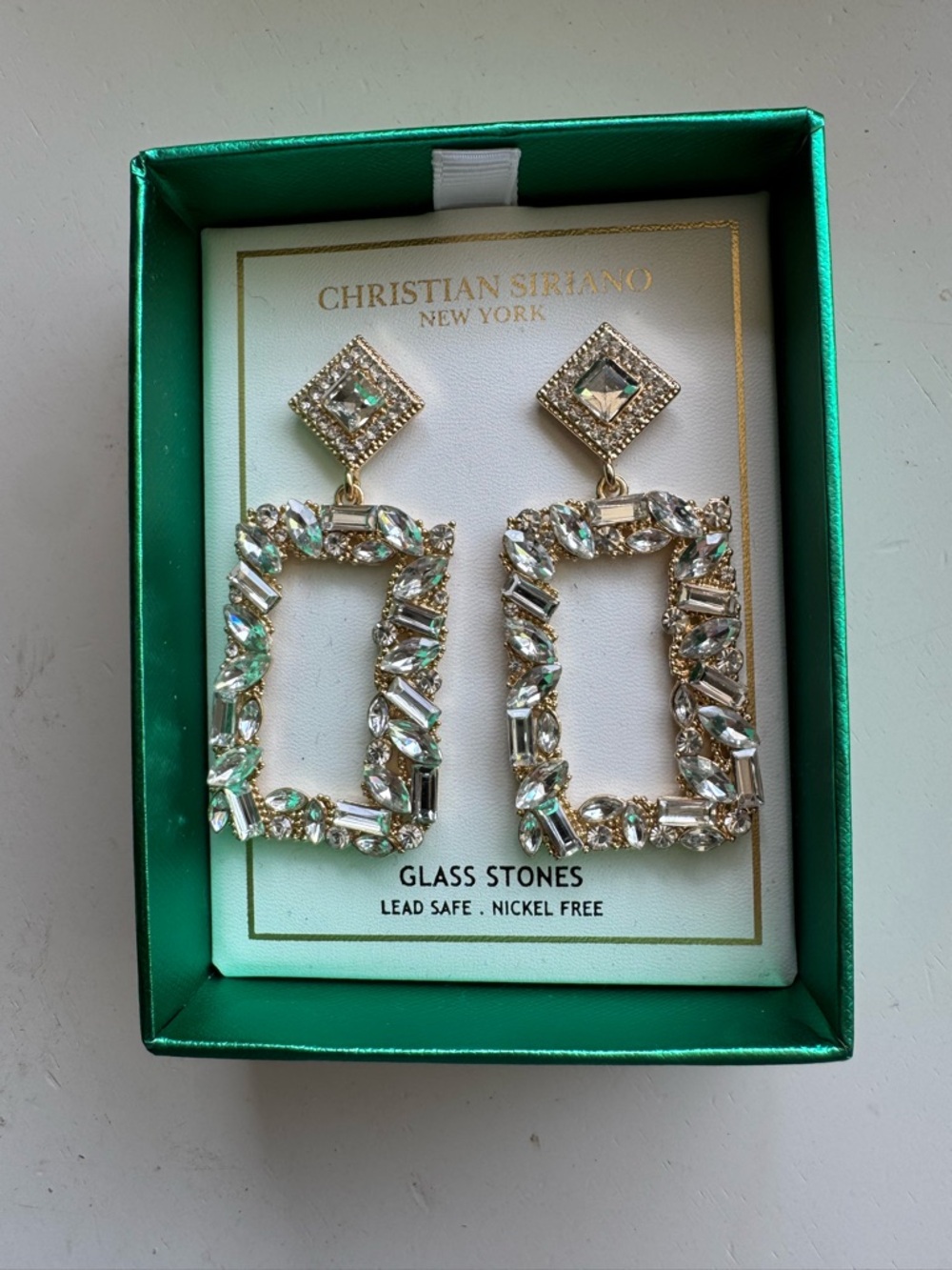 Christian Siriano Gold Crystal Rectangle Drop Earrings - Clear. NWB q